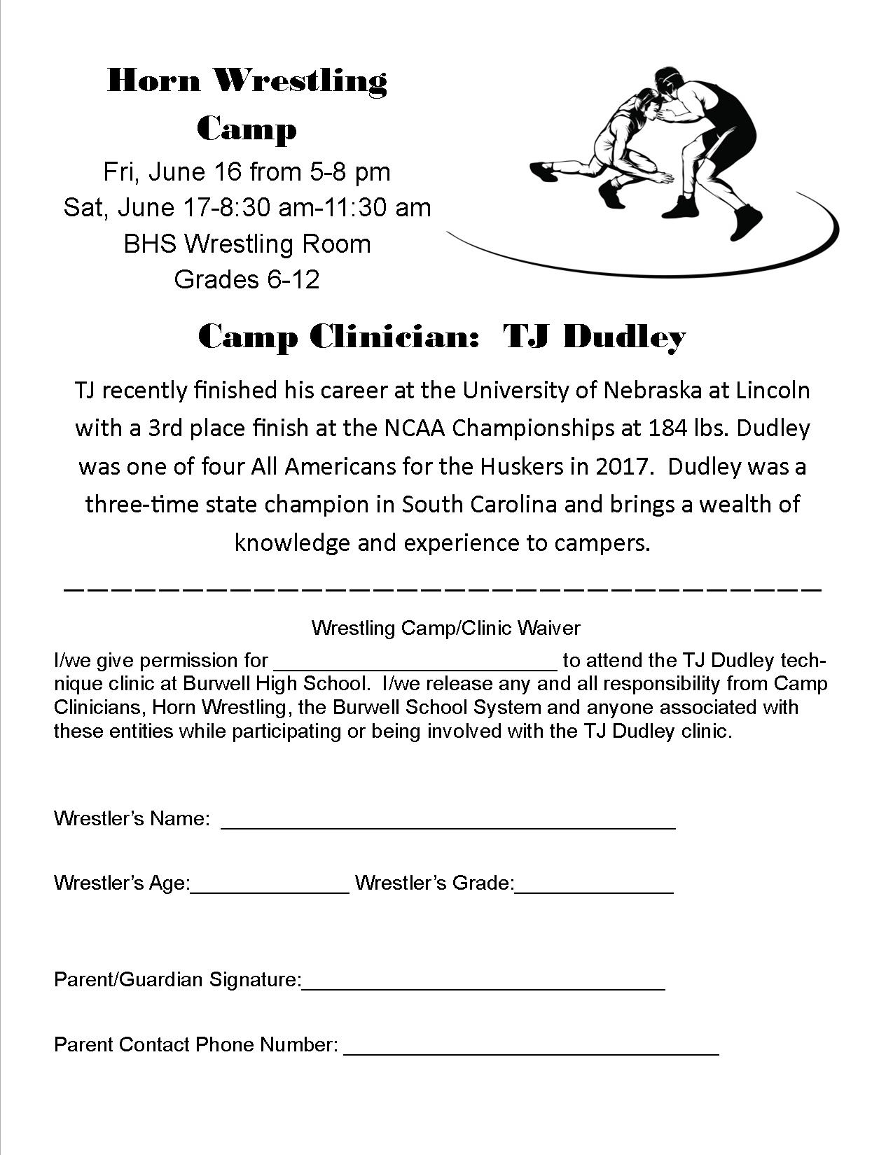 burwell public schools free tj dudley wrestling camp offered at bhs wrestling sign up flyer
